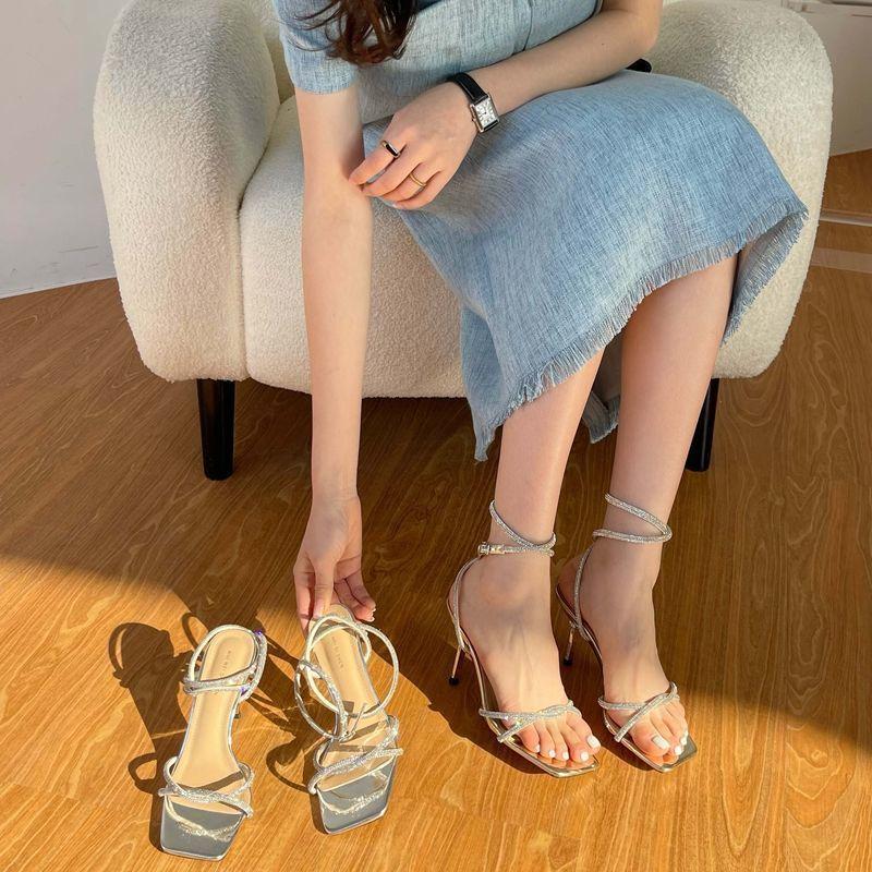 Rhinestone sandals women's summer open-toed stiletto Roman shoes with square head high heels 2025 new French fairy shoes