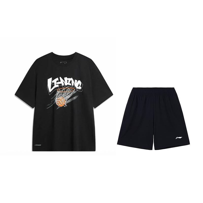 

Li-Ning Versatile Fashion Breathable Short Sleeve Comfortable Shorts Casual Sports Suit Men suit Black U671-1+W685-1 S