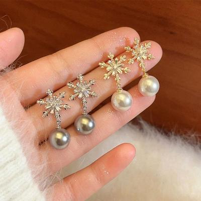 Elegant 2025 Zircon Snowflake Pearl Earrings - Luxury Autumn/Winter Design for Women