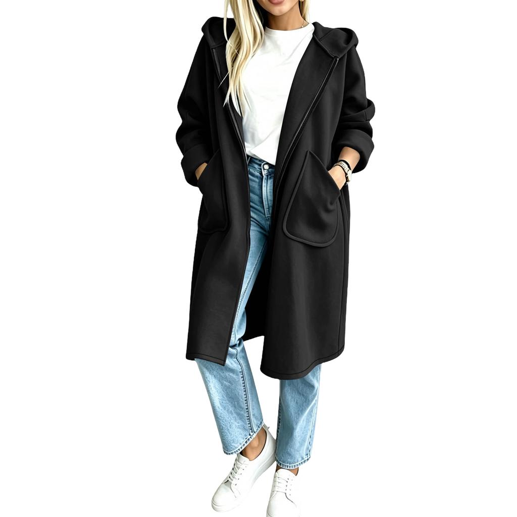 Women's Long Hooded Sweatshirt with Zipper Pockets, Casual Longline Hoodie for Fall and Winter