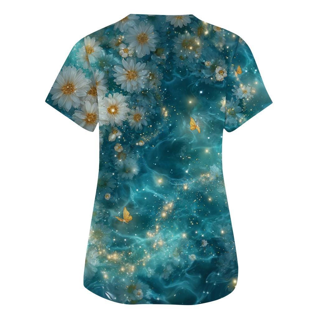 Women's Fashion V,Neck Short Sleeve Overalls With Pockets  Print Tops  Clothes