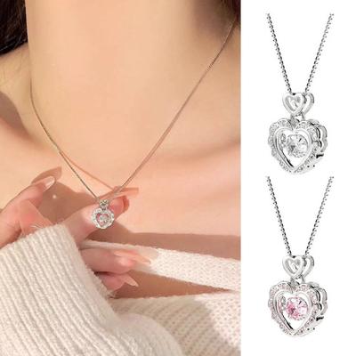 Women Necklace Pink Rhinestone Heart Pendant Adjustable Length Clavicle Necklace Valentines Day Anniversary Gift Wedding