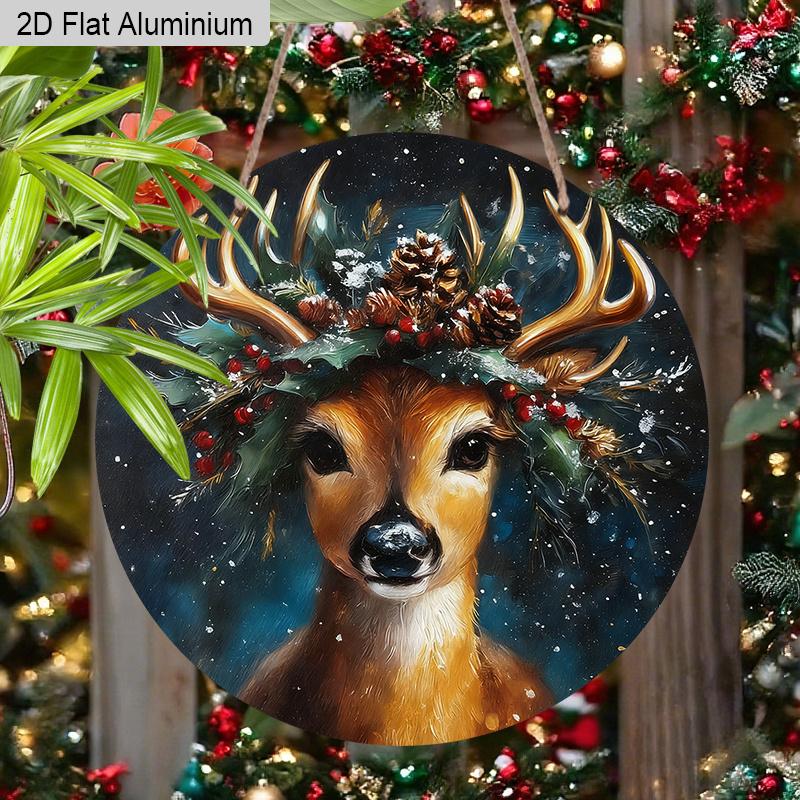 2D Flat Aluminium Christmas Sign with Elk Pattern - Navidad Figurine Ornaments - Ideal for Front Door, Wall, Porch, Fence Decor - Ideal Christmas