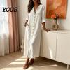 Retro Style Dress Women's Summer Button Down Long Dress, Casual Loose V Solid Color Neck Tunic Roll Up Sleeve Vacation Lounge Outfits Women