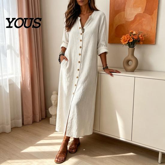 Retro Style Dress Women's Summer Button Down Long Dress, Casual Loose V Solid Color Neck Tunic Roll Up Sleeve Vacation Lounge Outfits Women