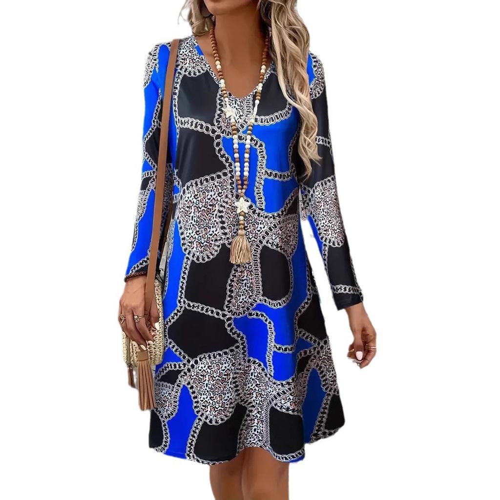 Women's Fashion Spring Fall Colour Block Print Long Sleeve V-Neck Loose Waistline Casual Dresses