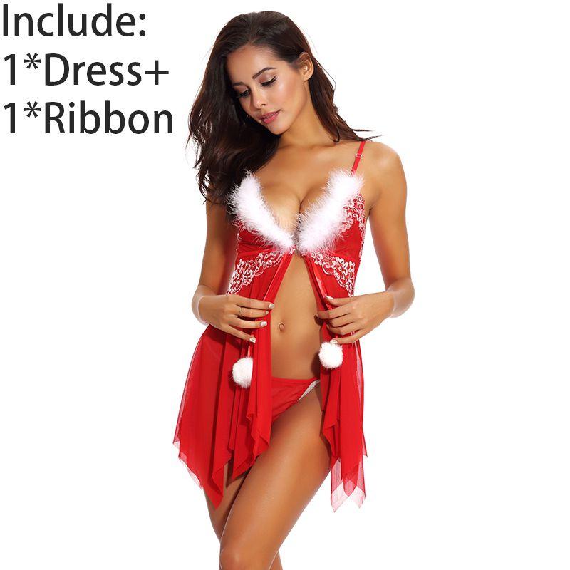 Luxurious Women Sexy Lingerie Red Babydoll Nightwear Santa Christmas Sleepwear G-string Set