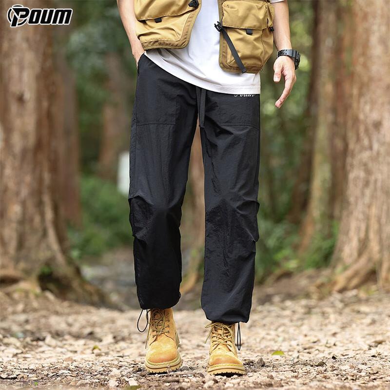 POUM Men's Quick-Dry Hiking Pants, Spring And Summer Style, American Trendy Ice Silk Sports Cargo Pants YM16 Black L