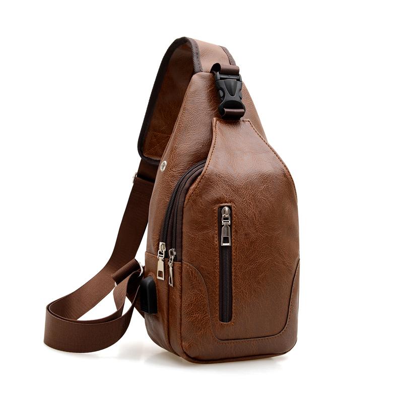 Simple and Fashionable Casual Solid Color PU Multifunctional USB Charging Zipper Man's Chest Bag Crossbody Bag for Commuting