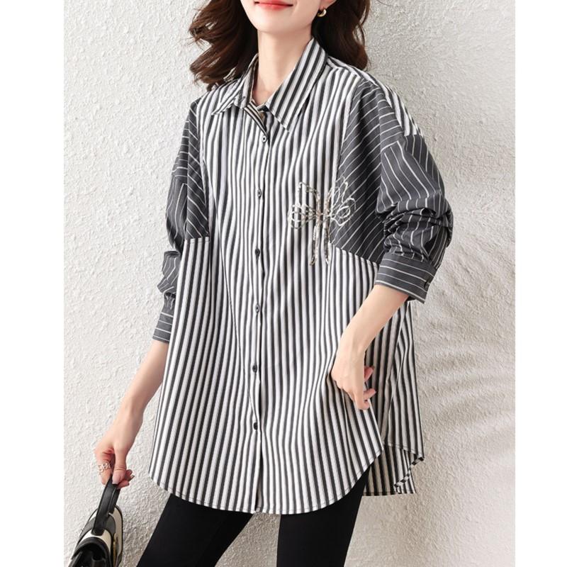 Johnature Spring Autumn Polo Neck Stripe Stitched Long-sleeved Shirt Tops Casual Simple Loose Irregular Women Tops