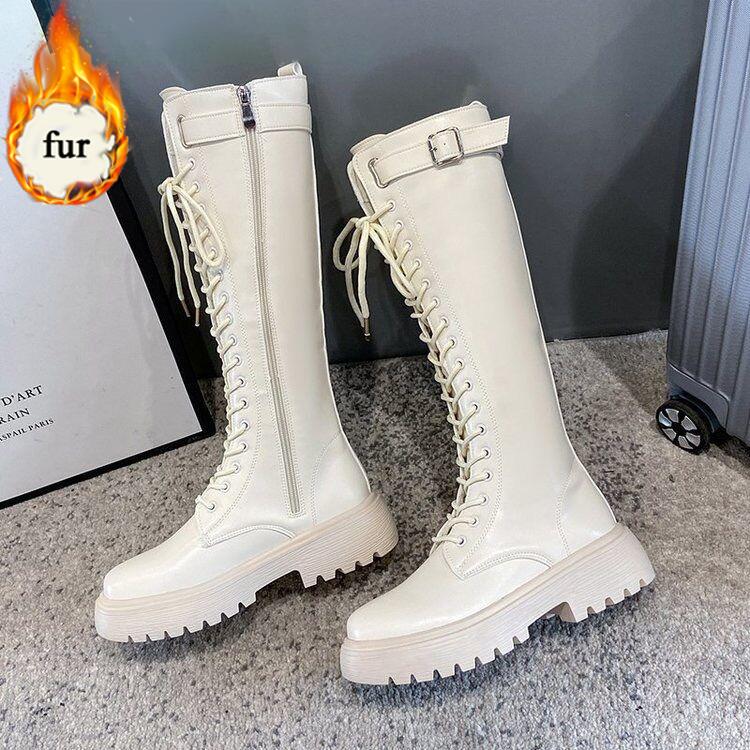 Fashion Women Knee High Boots 2024 Thicken Winter Square Heel Lace Up Platform Shoes Woman Knight Long Boots Black White Botas De Mujer