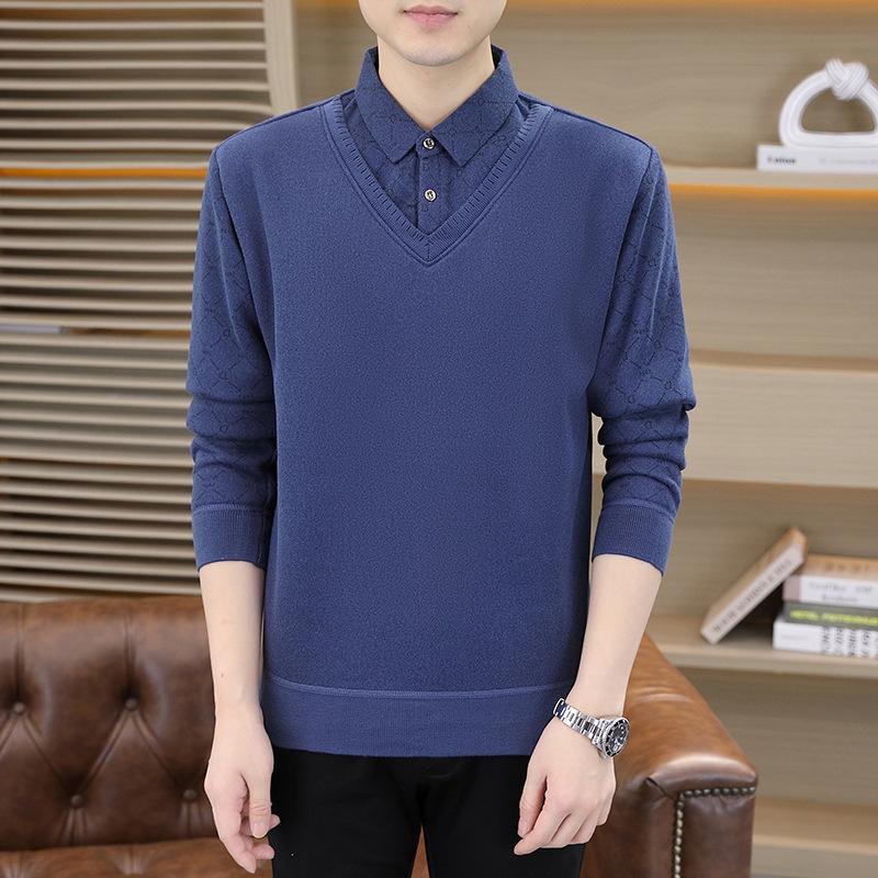 Men's Plush Velvet Sweater with Fake Two-Piece Shirt Collar