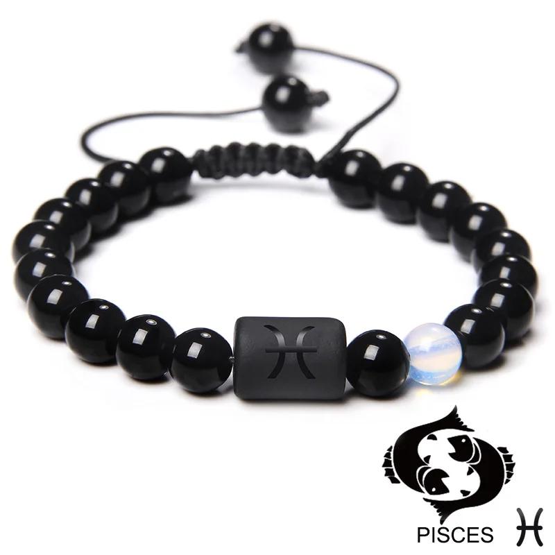 12 Constellation Zodiac Signs Bracelet Black Onyx Beads Cancer Leo Onyx Braided Bracelet for Women Men Couples Jewelry Gift