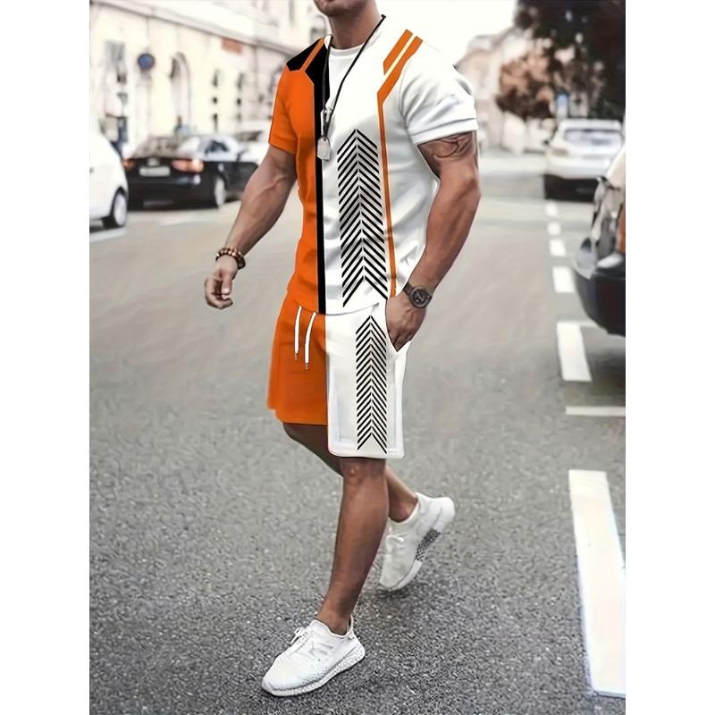 

Patchwork Color Block Printed Men s T-shirt And Shorts Set Summer Casual Men s Short Sleeve Top Outdoor Fashion 4XL