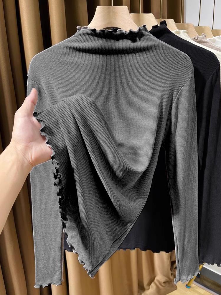 Women's Slim Fit Black Modal Long-Sleeve Mid-Neck Top for Autumn/Winter