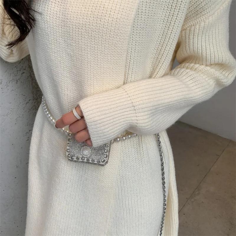 Neu im Herbst Winter Damen Strickpullover Lange Kleider Hochgeschlossenes, geteiltes, lockeres Pulloverkleid Lässiger Temperamentpullover mit Kleidung der unteren Schicht