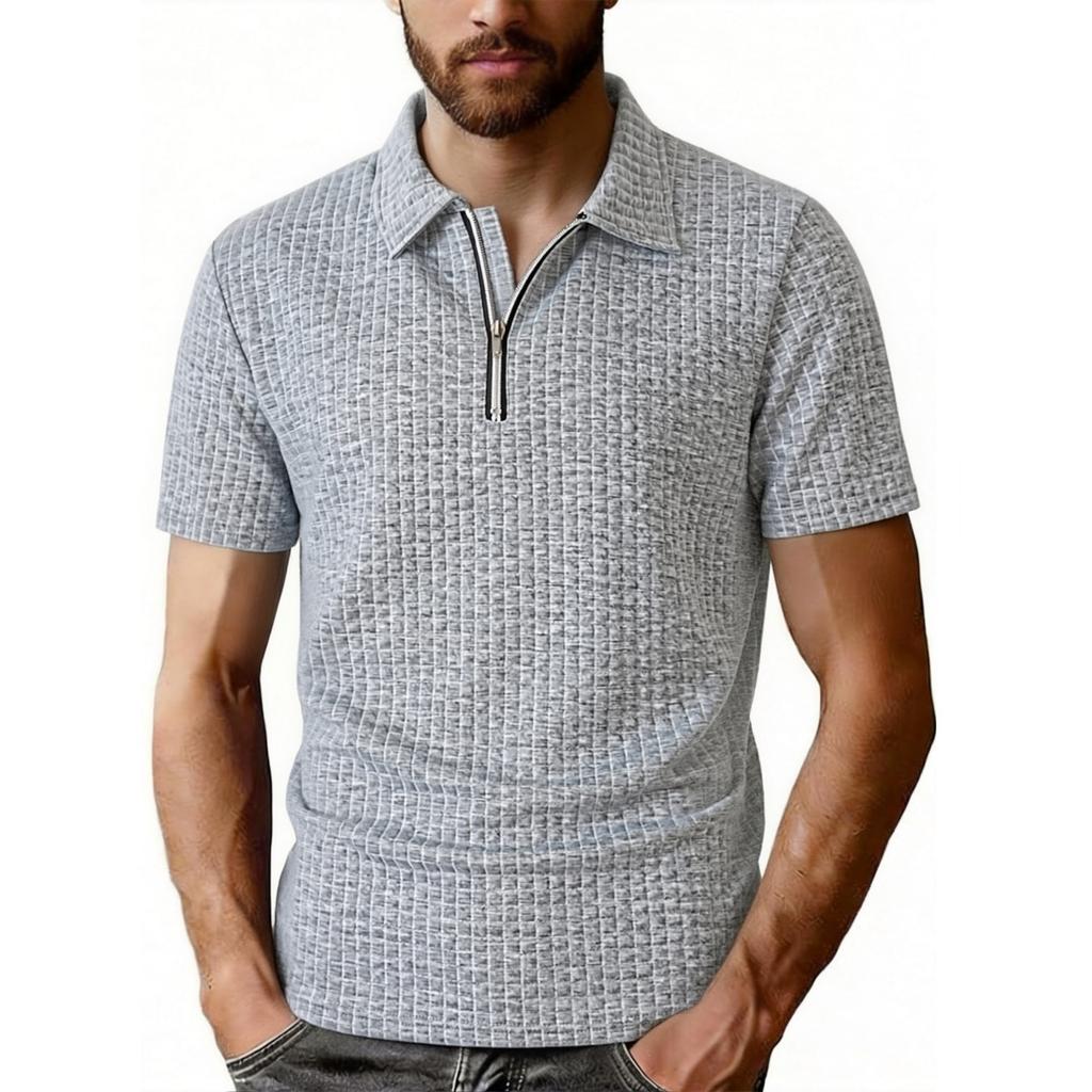 Men's Casual Fashion Polo Shirt Half Zipper Short Sleeve Checkered Jacquard Outdoor Sweatshirt with Turn Down Collar