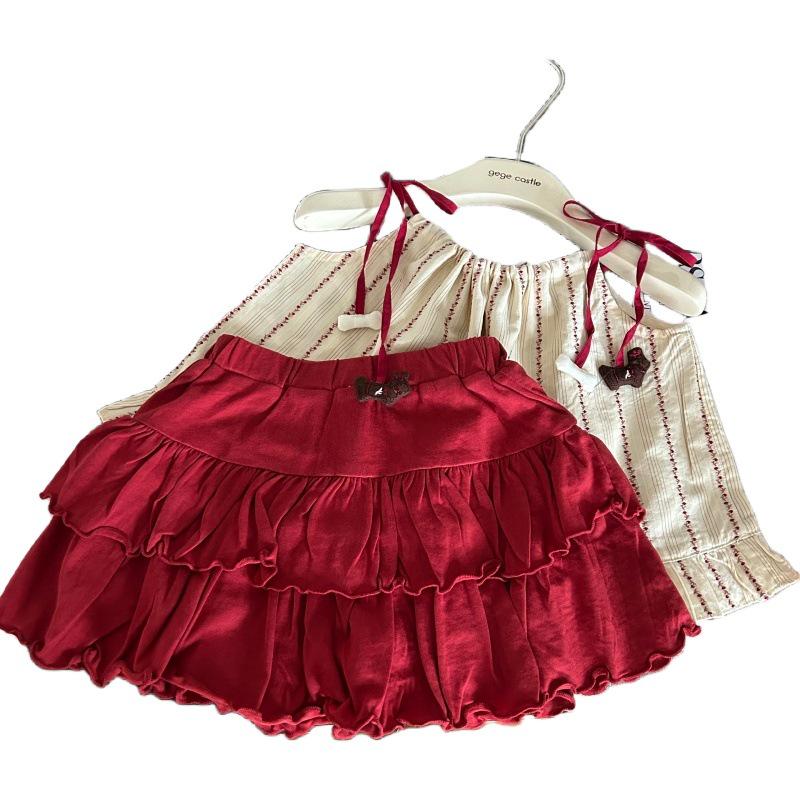 Korean-Style Summer 2025 Girls' Academy Sling Top & Red Skirt Pants Set