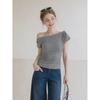 Gray slanted shoulder off-the-shoulder bow short-sleeved T-shirt women's summer pleated slim-fitting short top