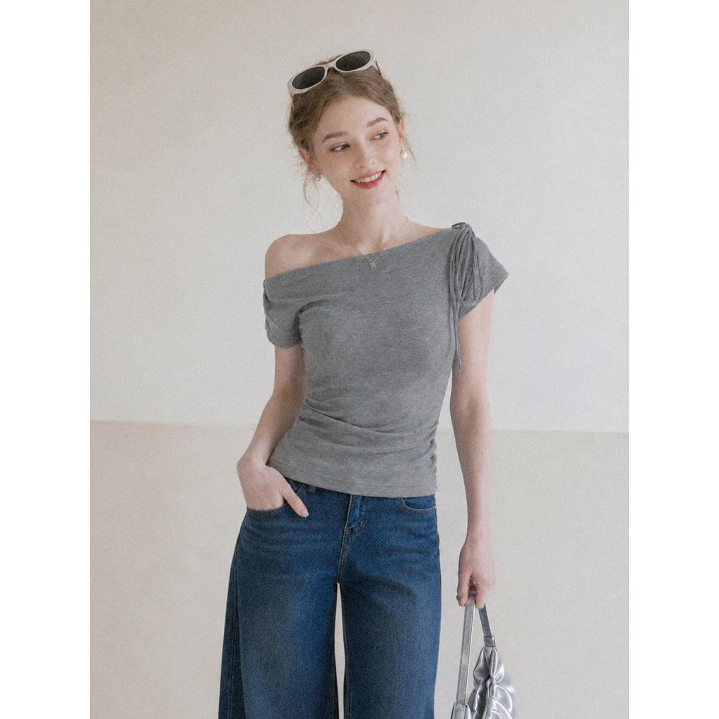 Gray slanted shoulder off-the-shoulder bow short-sleeved T-shirt women's summer pleated slim-fitting short top