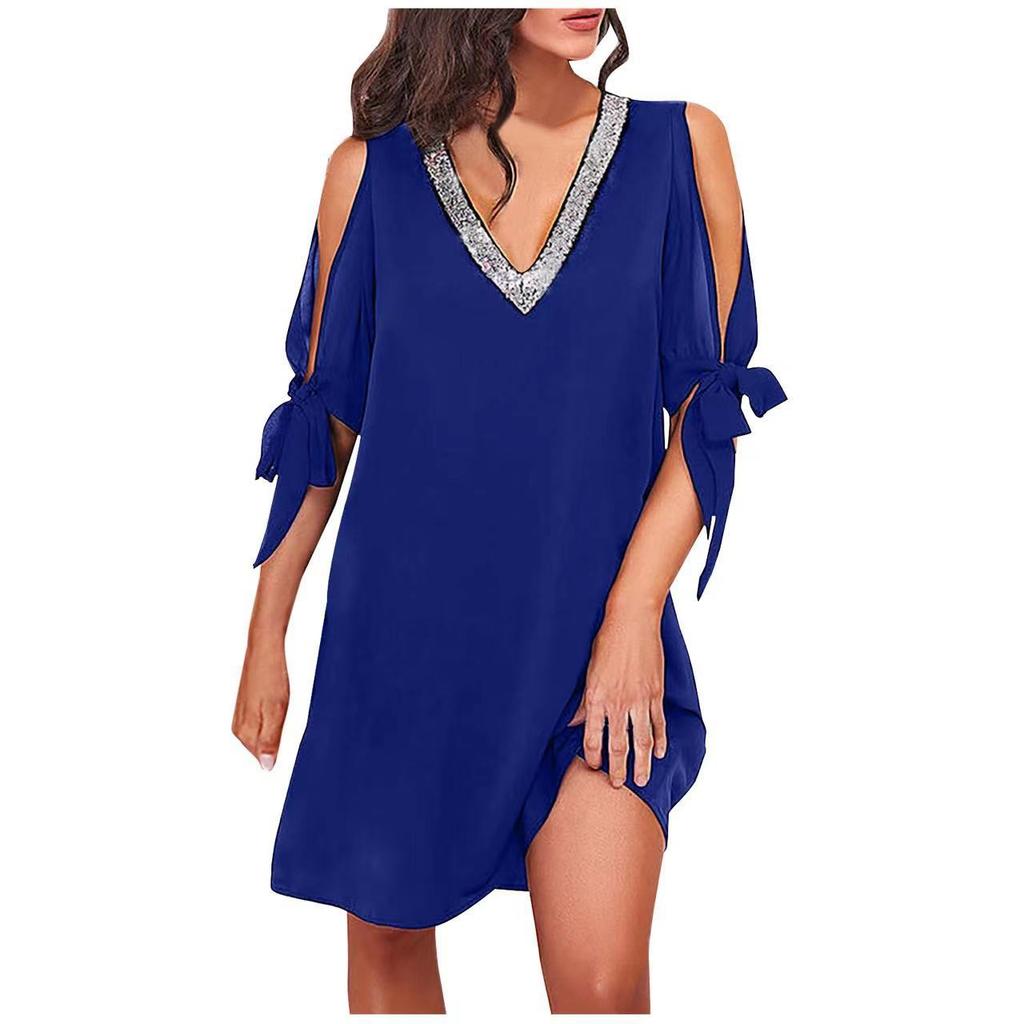 Women Summer Sexy  Sequin V-Neck Hollow Out   Dress Casual Solid Loose Off Shoulder Party Dress