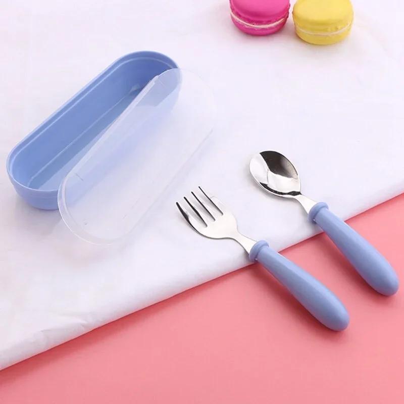 3Pc/Set Children Spoon Forks Box Kids Stainless Steel Kids Cutlery Portable Baby Feeding Utensils Baby Spoons Baby Tableware Set