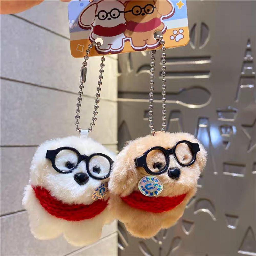 2Pcs Bag Hanging Plush Doll Keychain Cute Magnetic Dog Keychain Collar Glasses Dog Pendant Couple