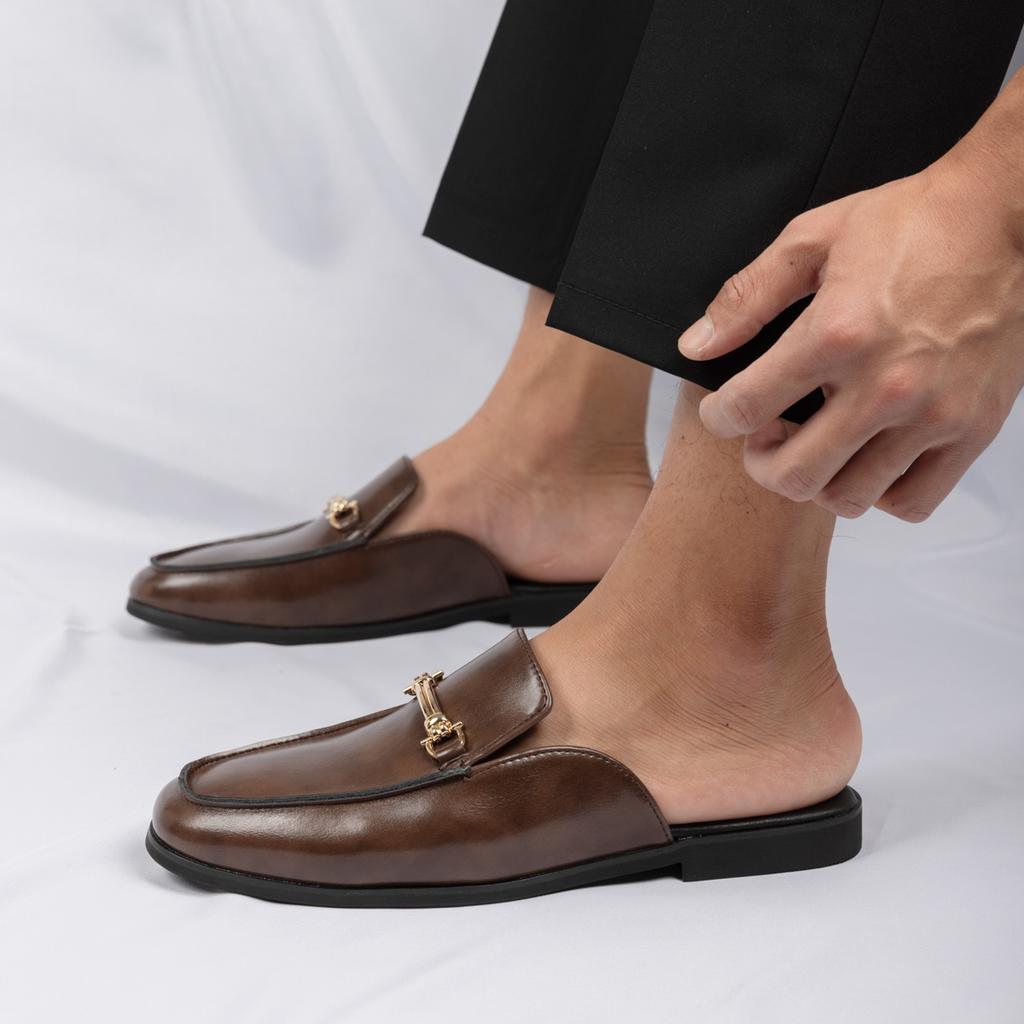 Fashion British Style Outdoor Slip On Men Half Drag Slippers Soft Comfortable Casual Leather Handmade Walking Shoes Designer Flats