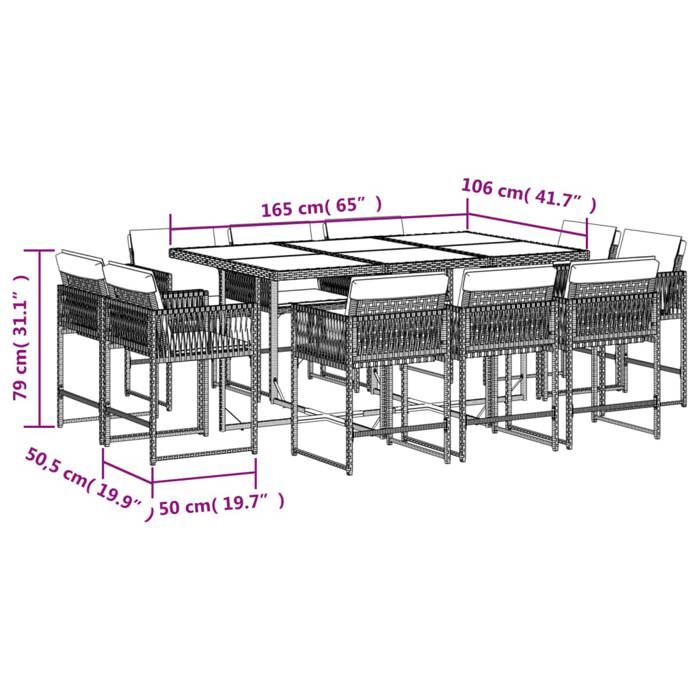VidaXL Ensemble à Manger de Jardin avec Coussins 11 pcs, Table et Chaises à Dossier Rabattable, Meubles d'Extérieur Patio 3211572