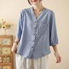 Summer Cotton Linen Lightweight Casual Shirt Set for Middle-Aged Women with Versatile Three-Quarter Sleeves