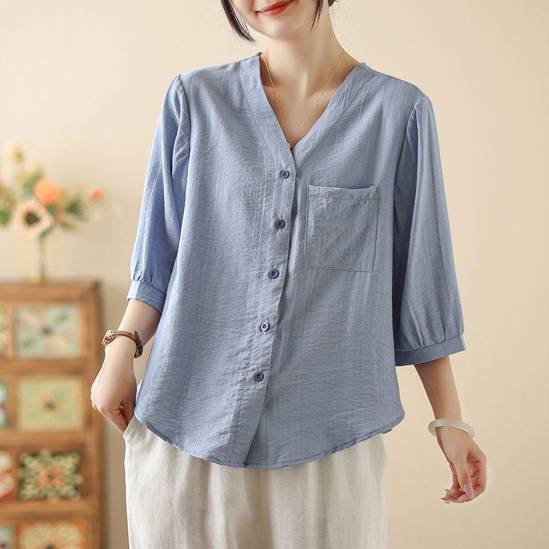 Summer Cotton Linen Lightweight Casual Shirt Set for Middle-Aged Women with Versatile Three-Quarter Sleeves