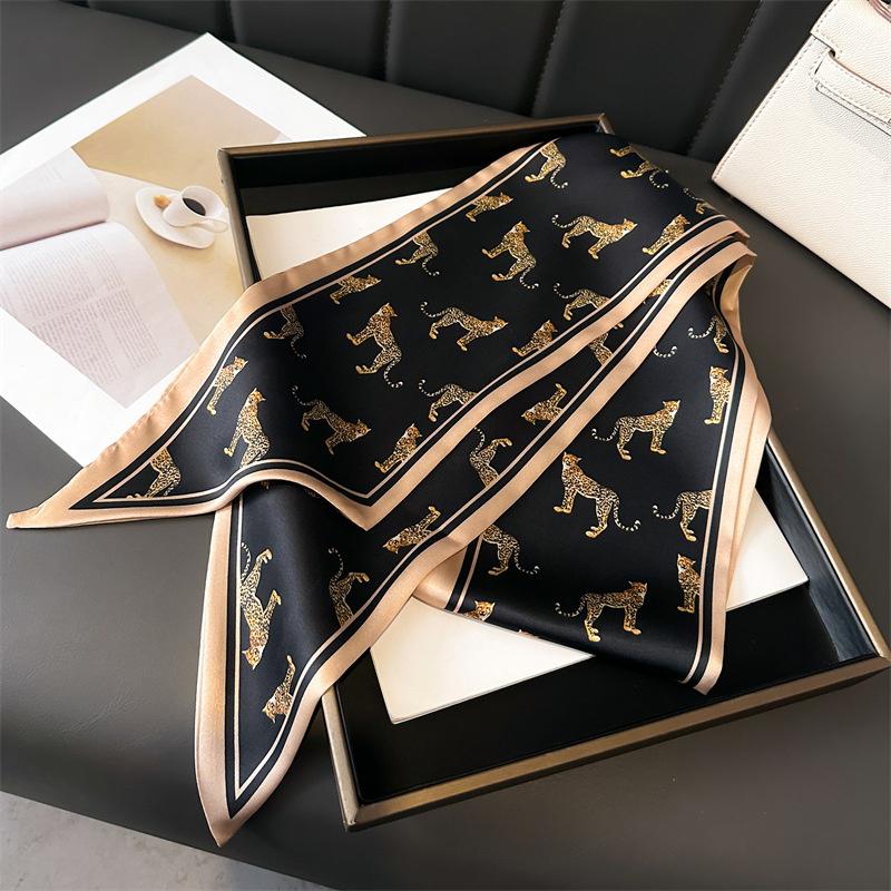 Gold Color Leopard Pattern Small Silk Scarves Long Narrow Silk Feel Double-Sided Scarf for Women Lady Headband Shawl Hairband