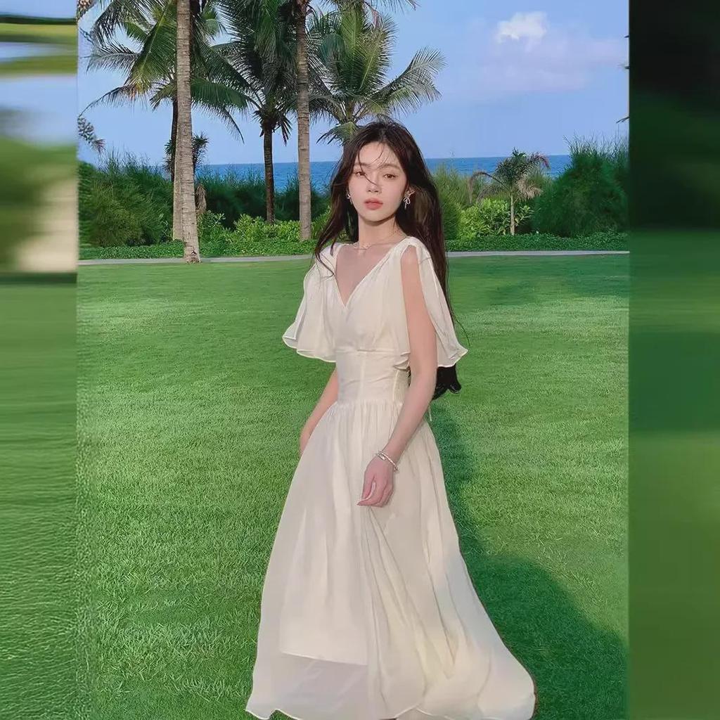 2024 Damen Hochwertiges Hellaprikosenfarbenes Chiffon-Trägerkleid mit V-Ausschnitt, Überknielang