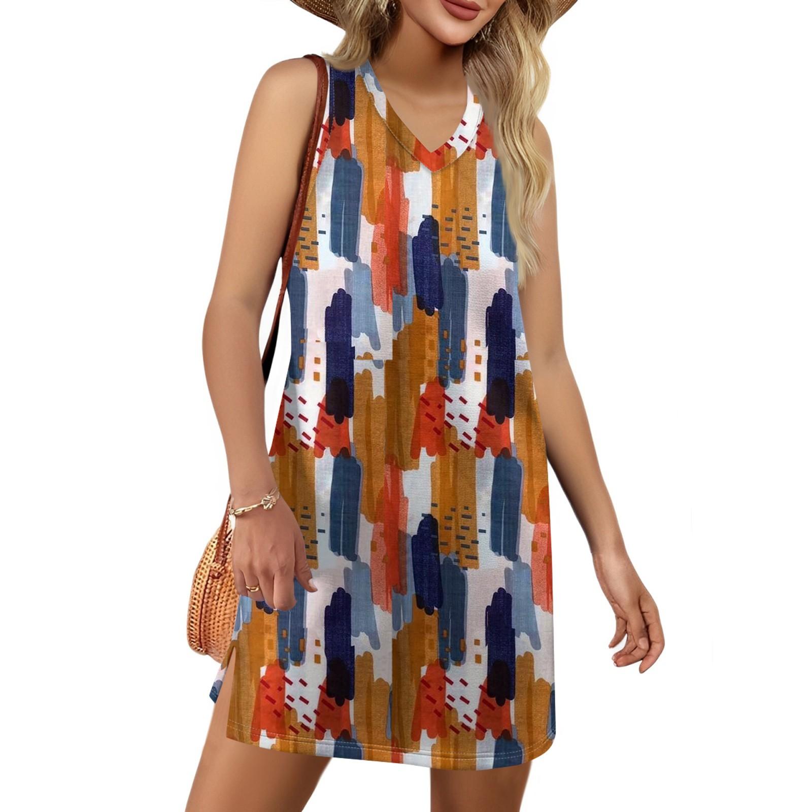 Women s V-neck Summer Casual Beach Vacation Women s Sleeveless Vintage Print Sundress L