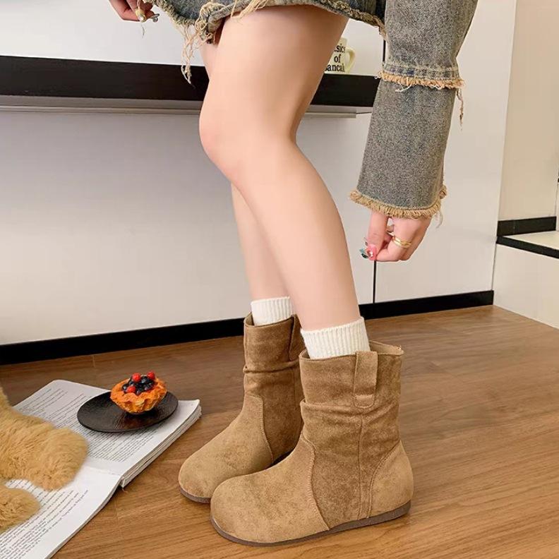 Sheepskin Version~ British Style Wrinkle Feeling Square Head Inner Height Increase Wide Tube Mid-tube Boots Women's 2025 New Knight Boots