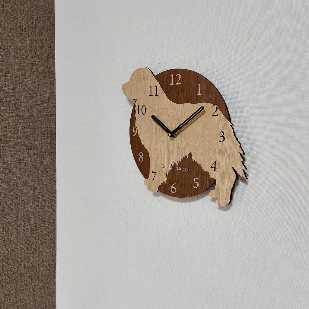 A stylish wooden wall clock featuring a golden retriever in This analog clock is perfect for or any beige. silent, bedrooms, homes, room.