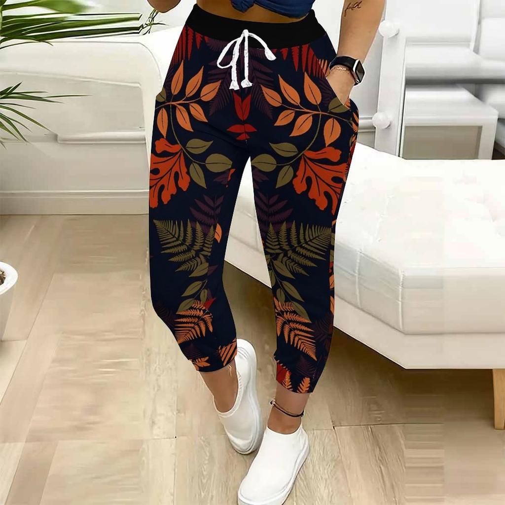 Summer Ladies Color-blocking Printed Sweatpants Loose Fit Drawstring Joggers Elastic Cuff Daily Casual Pants