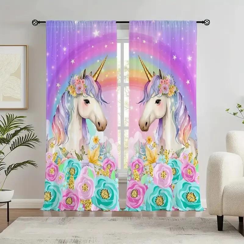 Jit 2Pcs Floral Unicorn Printed Curtain Design Drapes Polyester Window Decor For Home Living Room Kids Room Rod Pocket Curtai