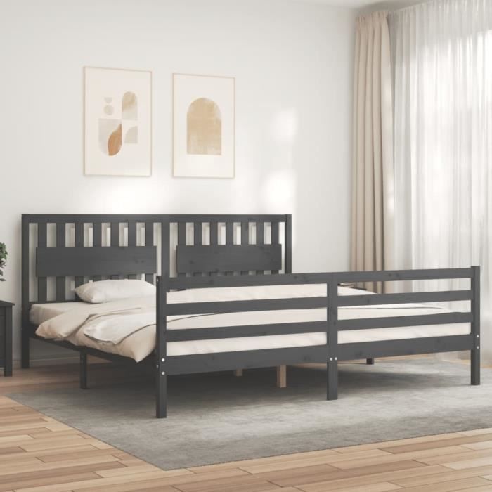 VidaXL Cadre de lit avec tête de lit gris 200x200 cm bois massif 3194333