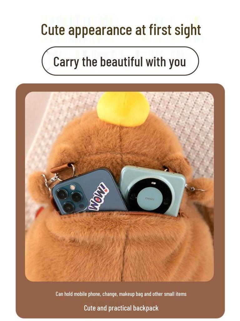 Capybara Cartoon Orange Plush Backpack: Women's Large Fuzzy Double Shoulder Bag