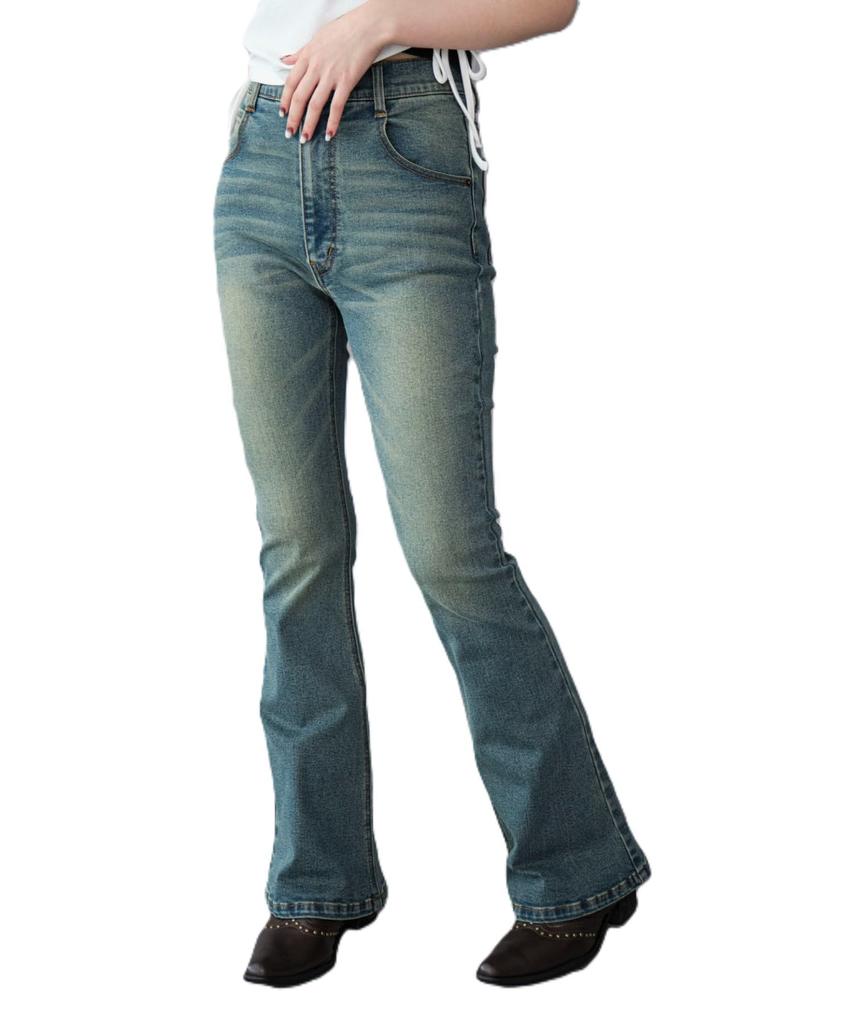 WEGO Stretch Denim Flare Medium Korean Autumn Clothes Women's Pants, Medium, Denim, Girly, Style,