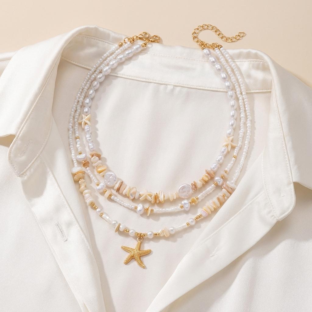 3Pcs/Set Vacation Starfish Faux Pearl Stone Necklace Summer Beach Ocean Theme Boho Choker Jewelry For Women