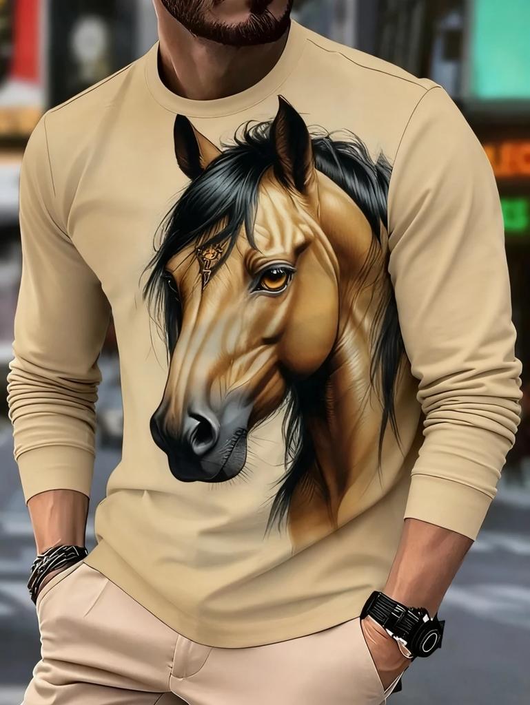Horse Print Long Sleeve T-Shirt, Stylish Western Casual Top