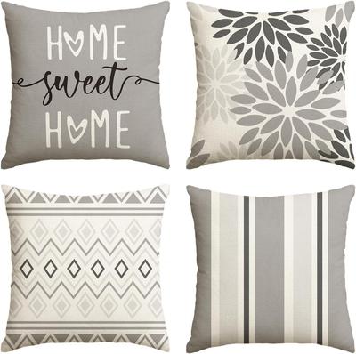 4Pcs Grey White Home Throw Pillow Covers Dahlia Floral Geometric Striped Cushion Cases Living Room Bedroom Sofa Home Ornament