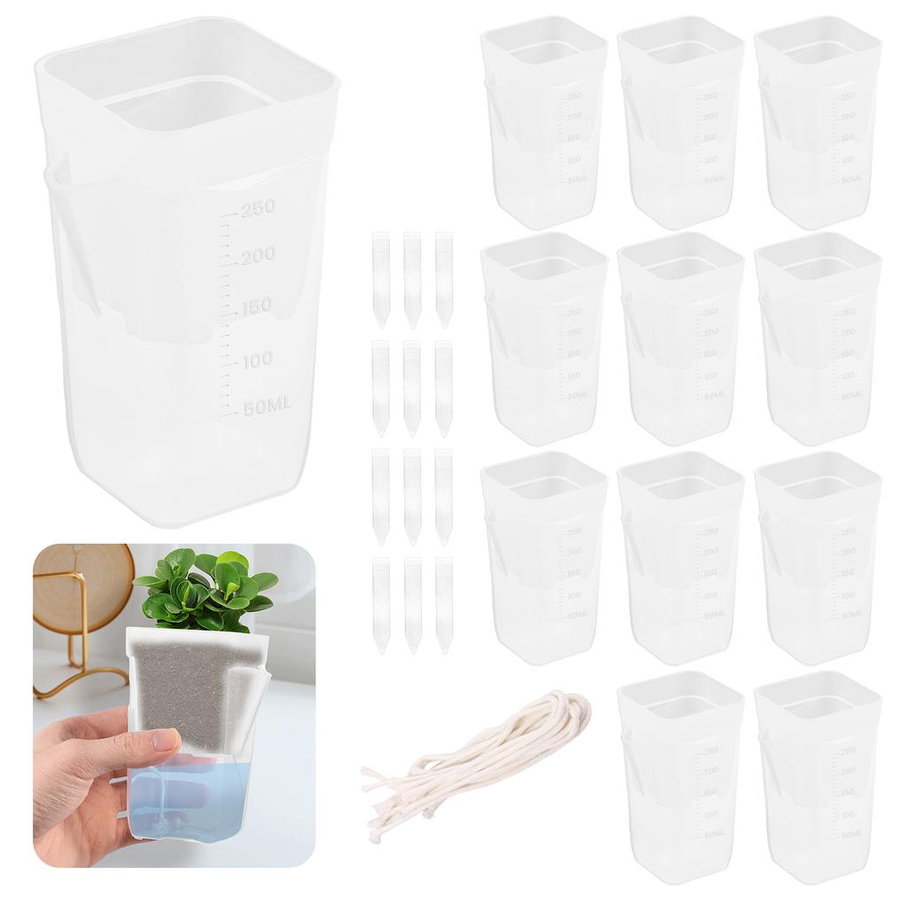 12 Pcs Self Watering Plant Pot Transparent Double Layer Plastic with Drainage Holes Cotton Rope Watering Small Nursery Pot