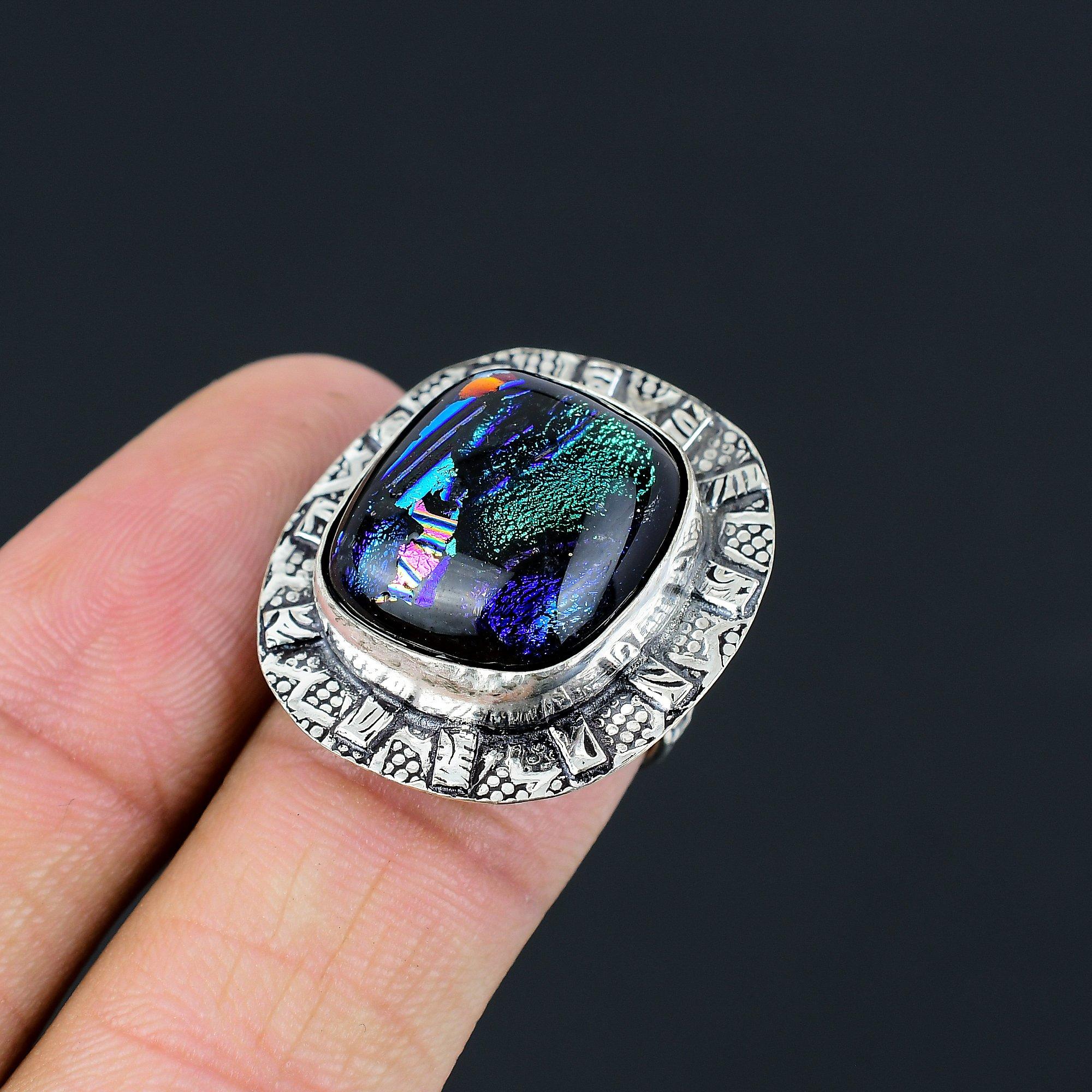 American Dichroic Glass Gemstone 925 Silver Ethnic Promise Ring Jewelry Size 6.5 6.5