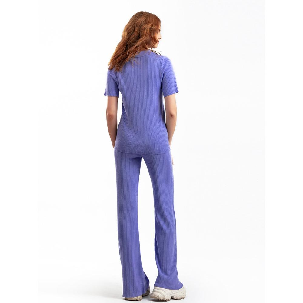 HNXC Women's Polo Collar Puller Short-sleeved Top + Slimming and Versatile Solid-color Wide-leg Long Pants Knitted Fashion Set