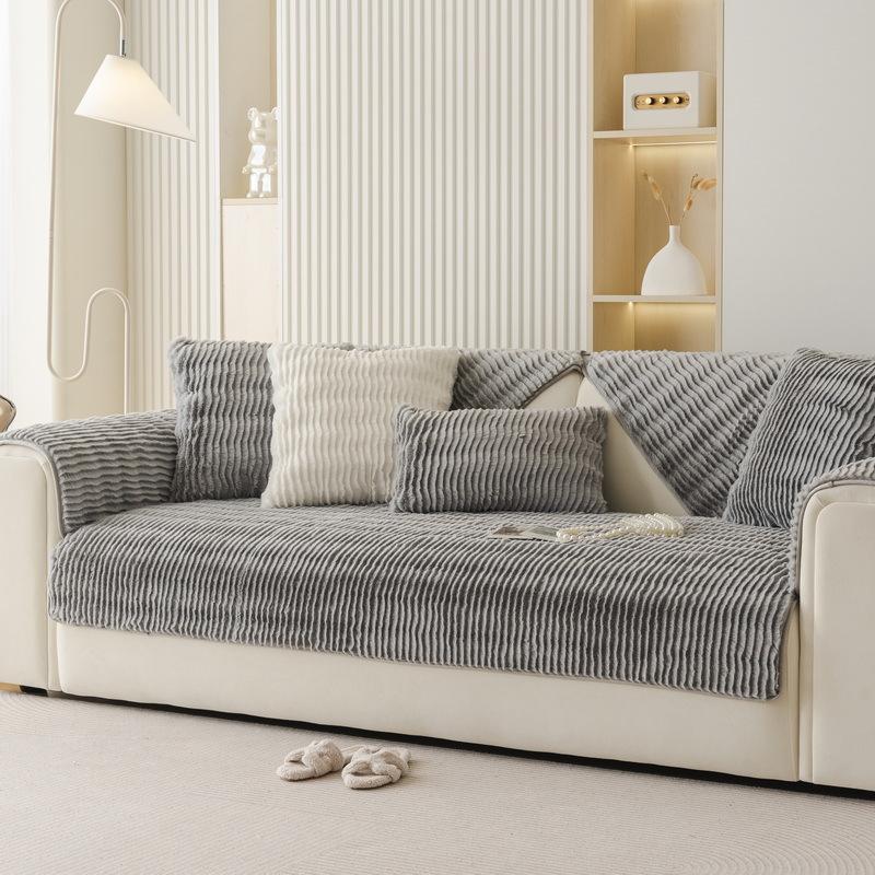 1PC Thickened Warm Plush Sofa Cover Water Ripples Sofa Mat Towel Solid Color Anti-slip Couch Slipcover for Living Room Decor