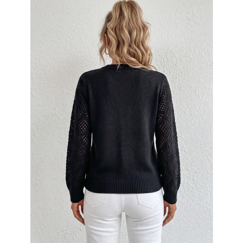 Women Loose V Neck Hollow Out Long Sleeve Knitted Casual Pullover Sweater Top