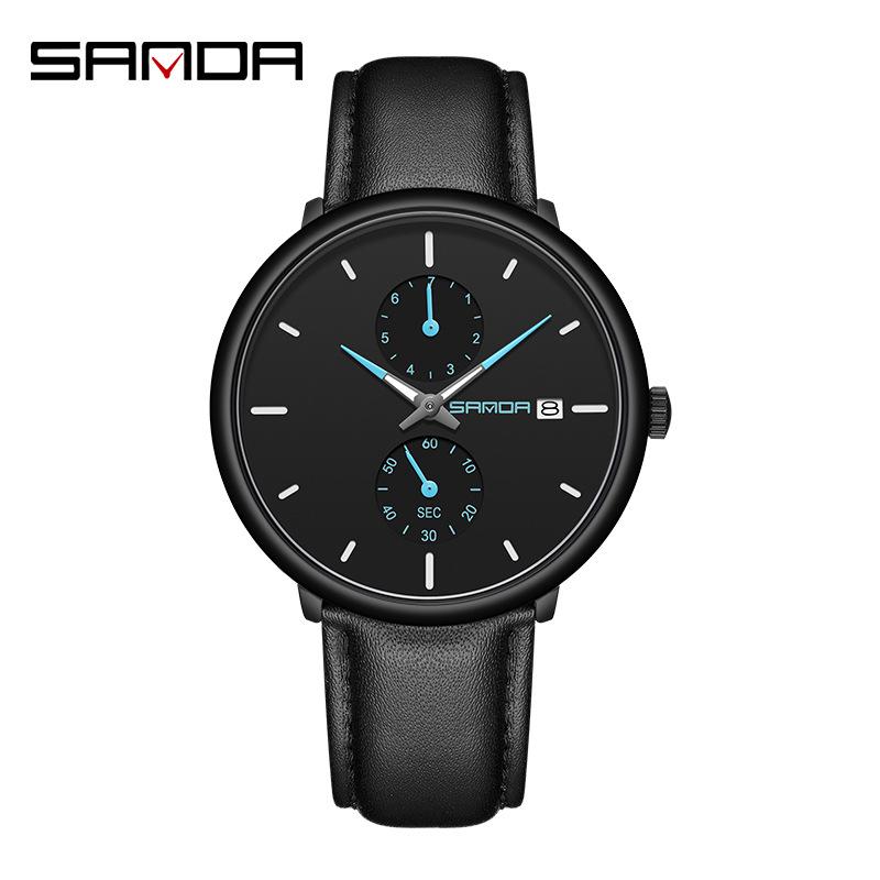 SANDA Men's 3D Leather Strap Waterproof Quartz Mesh Wristwatch - Fashionable & Trendy Calendar Design